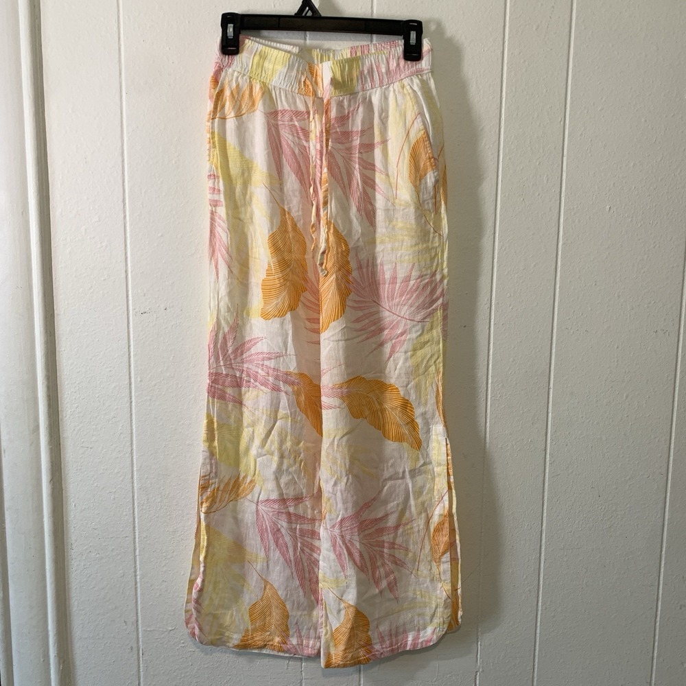 C&C California Womens XS Pants Linen Blend Tropical Floral Split Leg Wide Leg